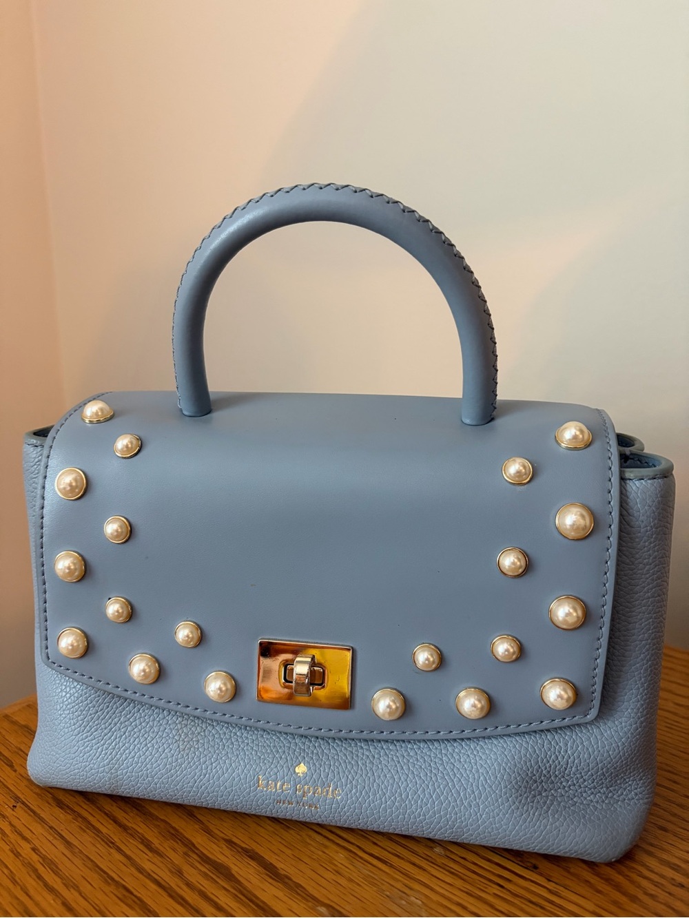 kate spade blue pearl-embellished top-handle satchel